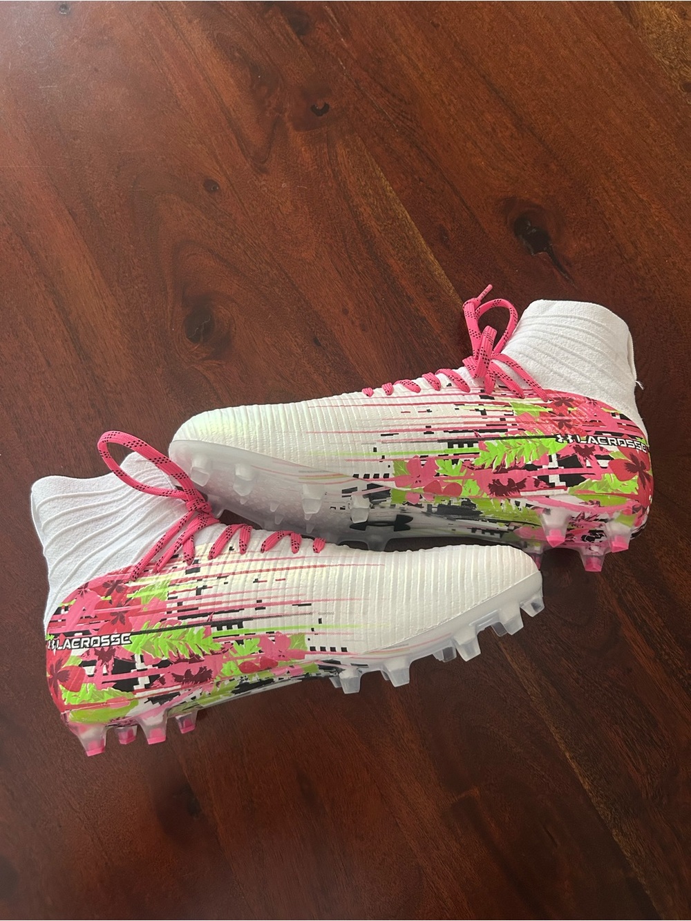 Under Armour White Lacrosse Cleats with Pink & Lime Accents